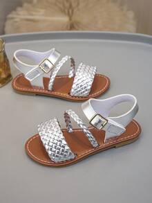 Summer Kids Flat Sandals, Woven Strap Decor. Suitable For Beach Holiday, Travel, Shopping, Casual Home Wear