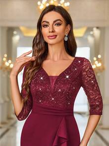 MIUSOL Deep V-Neck Sequin Floral Lace Ruffle Trim Cocktail Party Bodycon Dress - Red - View 8