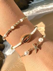 6/3 Pcs Summer Beach Multi-Layer Pearl Bracelet, Fashion Starfish & Shell Pendant Charm Bracelet Set, Sexy Beach/Casual Date Jewelry Gift For Women (Random Pearl Quantity And Order)