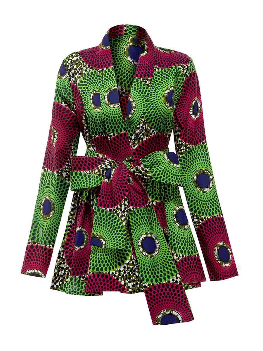 Women's Chic Ankara-Style African Wax Print Green Circular Prints Jacket - Multicolor - View 1