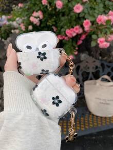 Transparent Protective Case With Black & White Floral Pattern - Detachable Black Flower Pendant - Compatible With AirPods 1/2/3/4/Pro/Pro2 - Black and White - View 3