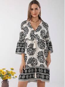 Vestido Cover Up Con Estampado De Manga Acampanadas Con Cordón - Negro - Ver 4