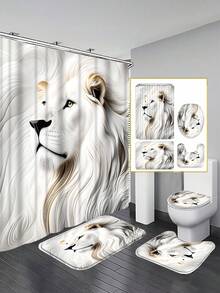 4PCS Jade Lion Revered Shadow - Patterned Bath Curtain Set. It Includes A Waterproof Bath Curtain For Bathtub Partition, A Waterproof Bathroom Partition Curtain With 12 Hooks, A Non - Slip Bath Mat, A Toilet U - Shaped Pad, A Toilet Lid Cover Pad, And It Is A Decorative Bathroom Set. Home Bathroom Decor Fall Decor Bathroom Accessories Back To School - 彩色 - 查看 1