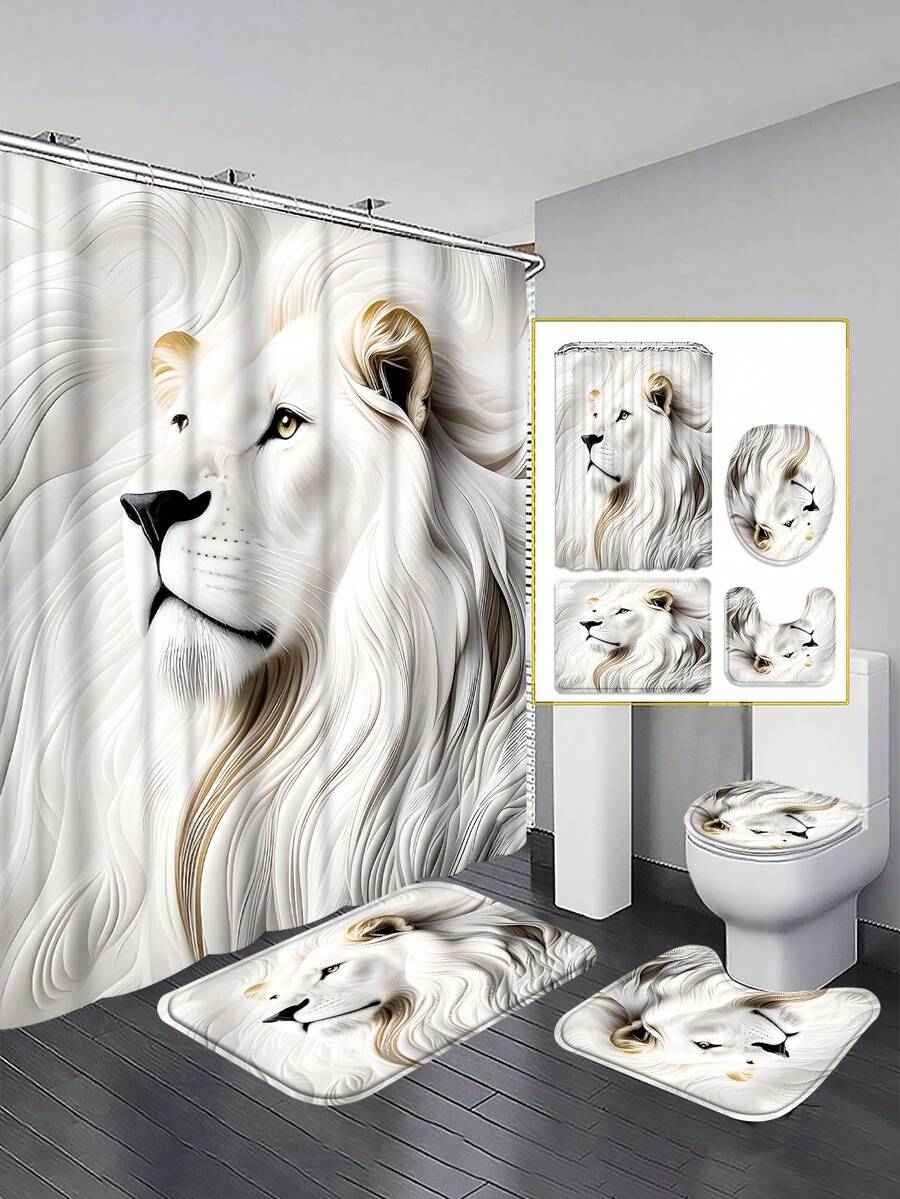 4PCS Jade Lion Revered Shadow - Patterned Bath Curtain Set. It Includes A Waterproof Bath Curtain For Bathtub Partition, A Waterproof Bathroom Partition Curtain With 12 Hooks, A Non - Slip Bath Mat, A Toilet U - Shaped Pad, A Toilet Lid Cover Pad, And It Is A Decorative Bathroom Set. Home Bathroom Decor Fall Decor Bathroom Accessories Back To School - 彩色 - 查看 1