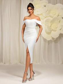 EVERLYL 女士优雅交叉露肩褶皱开叉大腿鸡尾酒会超长舞会礼服，精致迷人的白色半正式婚礼宾客礼服，适合生日、毕业典礼、晚宴、返校节礼服夏季