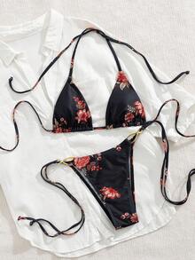Random Floral Print Sexy Bikini Swimwear, 2 Pieces Swimwear For Beach & Holiday, Summer - Black - View 6