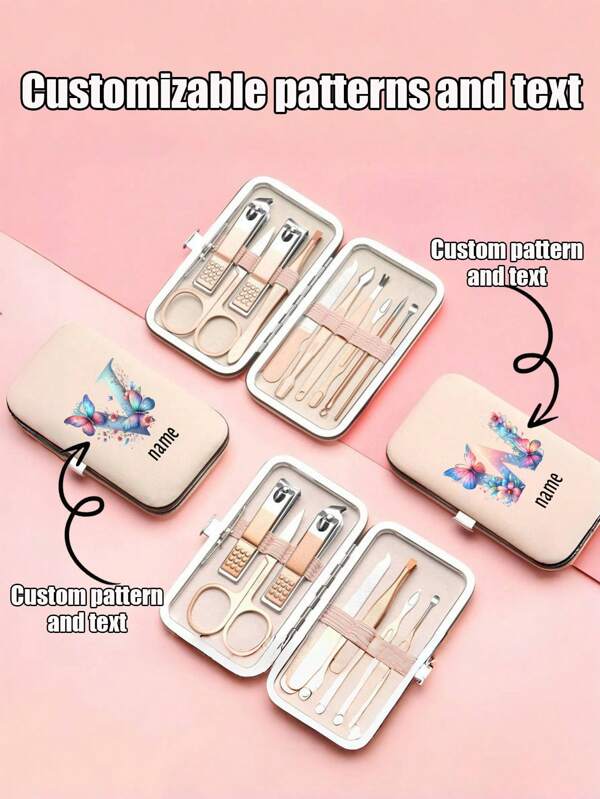 1 pezzo Set di strumenti per unghie in acciaio inossidabile personalizzabile con motivo e testo, adatto per uso domestico, da viaggio, per esterni, costituito da 7-10 pezzi come tronchesine per unghie, forbicine, accessori per manicure e pedicure