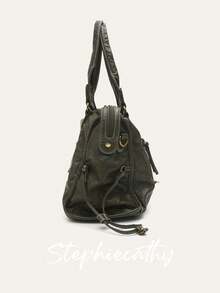 STEPHIECATHY 复古休闲酷街头男女通用风格柔软刷洗 PU 素食皮革拉链开合拉链口袋编织装饰大容量适合 13 英寸笔记本电脑手提包可调节长肩带斜挎包女士日常大学通勤旅行多功能 - 橄欖綠 - 查看 6