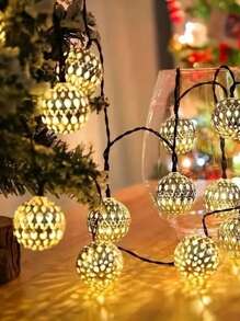 Solar Morrocan Ball String Lights Outdoor, 16.4ft 20 LED Metal Globe Fairy Lights For Christmas, Space-Themed Waterproof Decorative Lighting With 600mAh Nickel Battery, Push Button Control