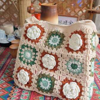 Handgemaakte gehaakte tas/reistas/yoga tas, Boho stijl Camellia bloem tas, zwart/roze/groen, magnetische sluiting