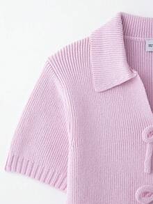 ZEVITY Bow Decor Solid Color Casual Short Sleeve Knit Sweater - Pink - View 3