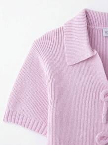 ZEVITY Bow Decor Solid Color Casual Short Sleeve Knit Sweater