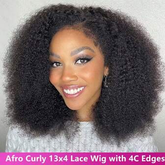 Afro Curly 13x4 Lace Frontal Wig With 4c Edges Mongolian Curly Human Hair Wigs For Women 180% Density Curly Wig Pre Plucked With Baby Hair Transparent Lace Front Human Hair Wigs