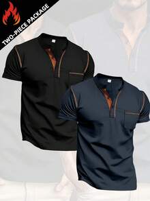 2pcs Men's T-Shirts, Summer Henley Neck Colorblock Short Sleeve, 2025 Popular Men's Casual Slim Fit Outdoor Tops Tees, Men's New Button POLO Shirts, Gift For Boyfriend's Birthday, Men's Vacation