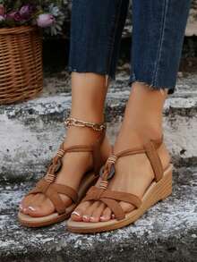 Women's Bohemian Style Wedge Sandals, Suede Leather Casual Vacation Slip-On Platform Shoes, Non-Slip Thick Sole, Fashion Versatile Wedge Sandals, Brown - Brown - View 4