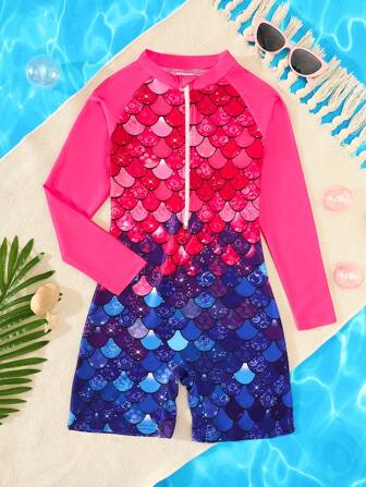 Girl's Mermaid Scale Print One-Piece Swimsuit, Long Sleeve, Front Zipper - Highly Elastic Quick-Dry Fabric - Suitable For Pool And Beach Vacation