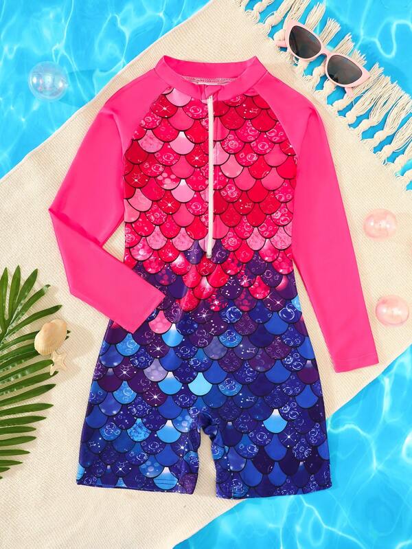 Girl's Mermaid Scale Print One-Piece Swimsuit, Long Sleeve, Front Zipper - Highly Elastic Quick-Dry Fabric - Suitable For Pool And Beach Vacation