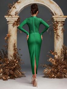 Women's Sexy Mock Neck Rhinestone Bodycon Dress Evening Gown Cocktail Party Prom Dresses Burgundy Long Sleeve Dress For Women, Formal Evening Prom Gown, For Wedding Guest, Graduation, Dinner, Christmas - Dark Green - View 3