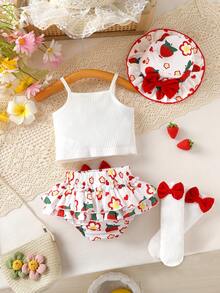 4pcs Set Elegant & Cute Baby Girls Outfit, Soft, Breathable, Comfortable, Button Decor Camisole And Bow Flower Strawberry Print Ruffle Hem Layered Shorts Set With Socks And Sun Hat, Suitable For Casual, Daily, Holiday And Party - Multicolor - View 2