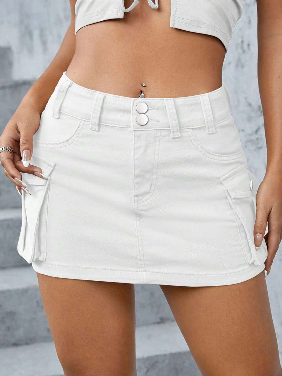 Women Mini Skirt Vintage Low Waist Cargo Skirt Summer Slim Fit Solid Color Skirt With Pockets - White - View 1