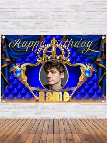 1pc Customizable Name Photo Polyester Crown Birthday Party Backdrop - Personalized Majestic Blue And Gold Design With Beautiful Gold Lettering, Indoor/Outdoor Garden Decorations, Reusable Cake Table Banner Suitable For All Birthdays, Birthday Party Decorations | Gold Engraved Decorations | Elegant Party Accessories, Birthday Party Decorations In 3 Sizes