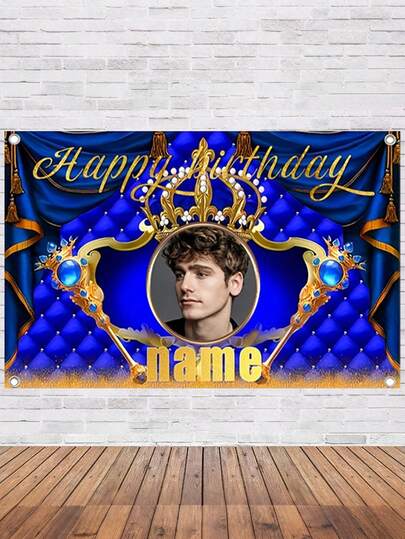 1pc Customizable Name Photo Polyester Crown Birthday Party Backdrop - Personalized Majestic Blue And Gold Design With Beautiful Gold Lettering, Indoor/Outdoor Garden Decorations, Reusable Cake Table Banner Suitable For All Birthdays, Birthday Party Decorations | Gold Engraved Decorations | Elegant Party Accessories, Birthday Party Decorations In 3 Sizes,Multi-Functional,Ornamental,Letter,Stylish,Modern,Colorful,Cute,Adorable,Casual,Custom,Personalised,Unique,Customized,Ideal Gifts For Him,Ideal Gifts For Her