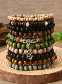 10pcs/Set Bohemian Style Wooden Bead, Sea Turtle, Coconut, Turquoise Bracelet Set, Suitable For Men's Daily Wear