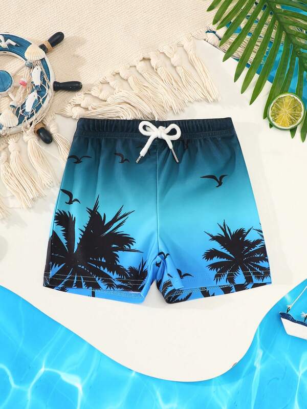 Boys' Tropical Print Beach Shorts - Quick Dry Stretchy Fabric, Drawstring Waist Swim Trunks, Suitable For Pool, Summer Beach Vacation And Surfing Fun