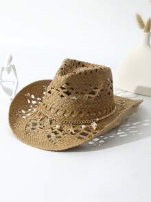 1pc Unisex Conch Decor Cowboy Hat Handmade Wide Brim Handmade Cowgirl Hat Hollow Out Casual Sun Hat Spring Summer Travel Shade Beach Hat Straw Hat - 卡其色 - 查看 1