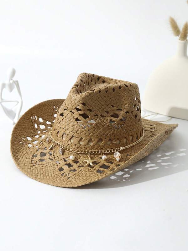 1pc Unisex Conch Decor Cowboy Hat Handmade Wide Brim Handmade Cowgirl Hat Hollow Out Casual Sun Hat Spring Summer Travel Shade Beach Hat Straw Hat