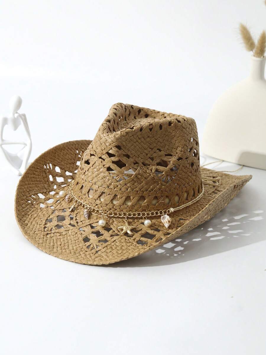 1pc Unisex Conch Decor Cowboy Hat Handmade Wide Brim Handmade Cowgirl Hat Hollow Out Casual Sun Hat Spring Summer Travel Shade Beach Hat Straw Hat - 卡其色 - 查看 1