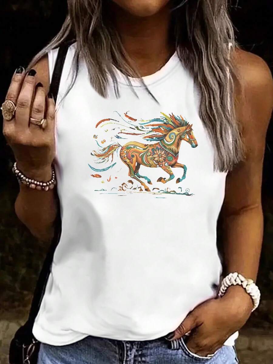 Floral Dynamic And Colorful Horse Women's Vest - White - View 1