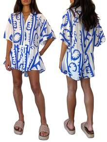 Women's Summer Short Boho Jumpsuit Half Sleeve Lapel Button Up Pattern Print Playsuit - Blue - View 5