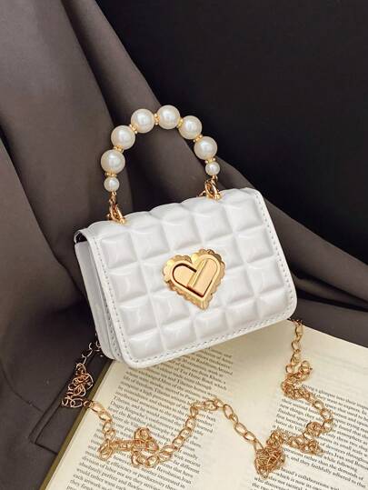 Bolso de mano con cadena de perlas y patrón de rombos, bolso bandolera para niños