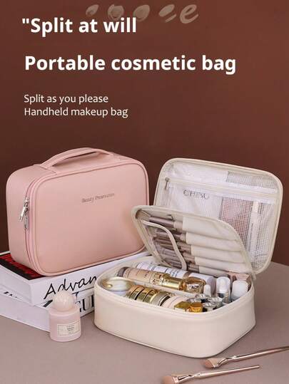 1pc Removable Multi-Layer Divided Makeup Bag, Large Capacity PU Waterproof Portable Cosmetic Organizer Case With Detachable Brush Holder, Suitable For Storing Cosmetics, Toiletries And Daily Essentials For Travel Makeup Travel Toiletry Organizer Essentials Gifts Storage Zipper Accessories Nail, Christmas Gifts, Pouch, Travel, Gifts For Women, Women's Travel Essential, Pouch, Clutch / Small Handbag, Makeup Organizer, Pouch, Brush Holder, Mini Pouch, Large Capacity Pouch,Gifts For Women,Christmas Gifts,Gift Ideas For Women,Pouch,Makeup Pouch,Travel Essential