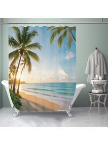 1pc/4pcs Tropical Seaside Beach Coconut Tree Printed Multifunctional Bathroom Decor Set, Includes Shower Curtain 12 Hooks, Anti-Slip Mat, U-Shaped Mat & Round Toilet Cover, For Whole Bathroom Back To School