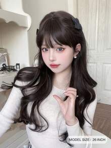 alicegarden 1 Piece Synthetic Heat-Resistant Long Natural Wave In Black-Brown Wigs, With Bangs, 24 Inches Long,(Excluding Accessories)