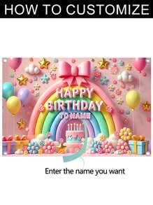 1pc Customizable Name Rainbow Bow Cake Birthday Party Background Fabric, Beautiful Personalized Wall Home Decor, Customizable DIY Pattern Party Decoration Wall Hanging, No Electricity Required Indoor/Outdoor Garden Decorations For Photo Booths, Entrances, Rooms, Three Sizes, Multi-Functional, Ornamental, Letter, Stylish, Modern, Colorful, Cute, Adorable, Casual, Custom, Personalized, Unique, Customized, Ideal Gifts For Him, Ideal Gifts For Her
