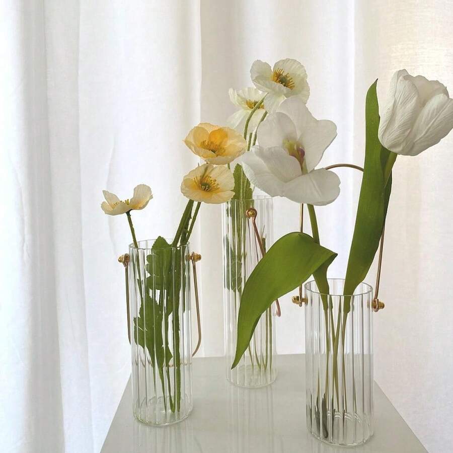 1pc Korean-Style Decorative Glass Vase With Gold Metal Frame, Lightweight Luxury Table Top Decor For Living Room