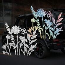 1 件闪光花卉乙烯基贴花贴纸，自粘闪光花卉设计，适用于汽车、家居、窗户、笔记本电脑、行李箱 - 卡通植物主题，不对称形状，一次性，多表面安装（塑料/玻璃/金属/陶瓷），耀眼的水钻装饰，非常适合汽车和个人配饰装饰 - 均碼 - 查看 1