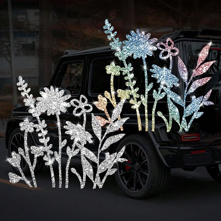 1 件闪光花卉乙烯基贴花贴纸，自粘闪光花卉设计，适用于汽车、家居、窗户、笔记本电脑、行李箱 - 卡通植物主题，不对称形状，一次性，多表面安装（塑料/玻璃/金属/陶瓷），耀眼的水钻装饰，非常适合汽车和个人配饰装饰 - 均碼 - 查看 1