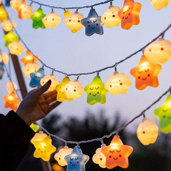 1pc Star LED Fairy Lights, Face Star & Cloud Shaped String Lights, Energy-Efficient Plastic Decor For Bedroom,Baby Room Decoration, Outdoor Camping, Teepee Tent, Christmas, Halloween Party Ambiance (Battery Not Included)