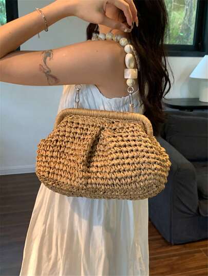 1 件新款休闲假日风格纯色草编面料荷叶边云金属链肩带单肩包，适用于海滩旅行、度假、编织信封手拿包、家居收纳礼物