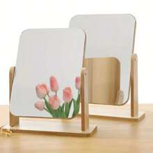 1pc Rotatable Vanity Makeup Mirror With Wooden Stand, Polished Finish, Adjustable Desk Vanity Mirror For Bedroom, Bathroom, Daily Skincare & Makeup, No Battery Required Home Decor Back To School Room Decor School Supplies