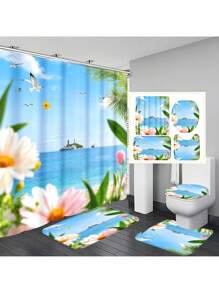1pc/4pcs Marine Beach Flower Arch Print Multifunctional Bathroom Shower Curtain Set With 12 Hooks, Anti-Slip Bath Mat, U-Shape Toilet Mat, Round Toilet Lid Cover, Full Bathroom Set For All Scenarios Bathroom Accessories Back To School