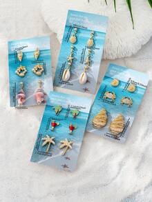 Set de 3 pares de aretes de playa para mujer, aretes con diseño de vida marina como cangrejo, concha y estrella de mar, accesorios de joyería de estilo vacacional - Ver 6