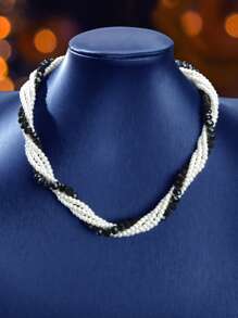 1 Pc Elegant Faux Pearl White And Black Beads Winding Collar Necklace Wedding Party Bridal Jewelry Accessories