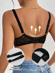 1 件女士花卉和向日葵印花文胸，全罩杯，配有柔软钢圈支撑，可调节肩带，不可拆卸轻垫 - 黑色 - 查看 7