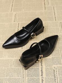 法式尖头玛丽珍黑色高跟鞋，舒适方头系带装饰，2025 年春夏新品，百搭粗跟正装高跟鞋 - 黑色 - 查看 3