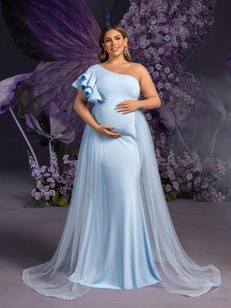 Faeriesty Vestido de maternidade elegante e plus size da Dressalisa com mangas assimétricas com babados e bainha sereia – sobreposição de tule para casamentos na primavera/verão, ensaios fotográficos de maternidade e eventos formais (visual sofisticado e etéreo)